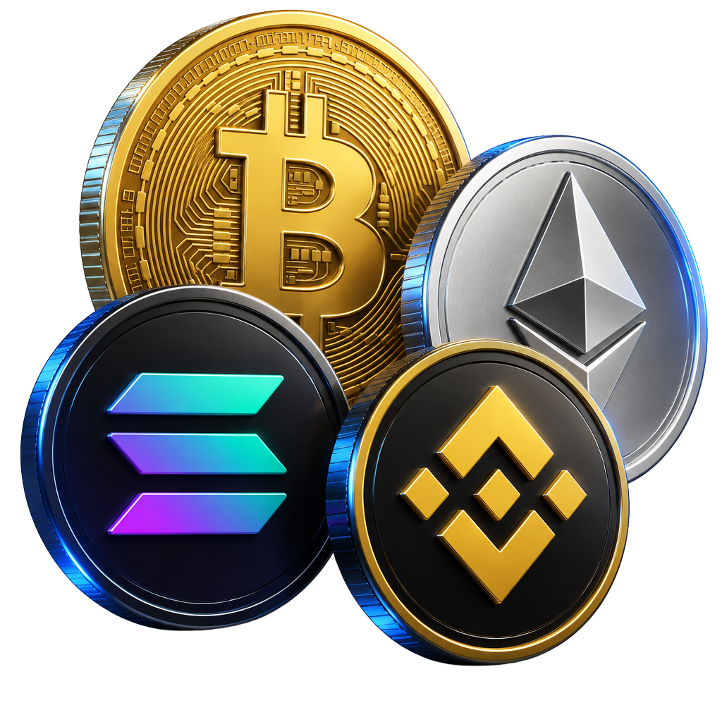 Bitcoin, Ethereum, Solana and BNB coins